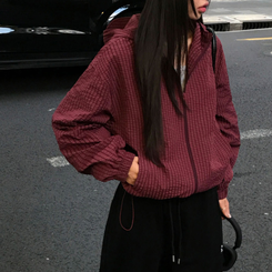 フードチェックウィンドブレーカー  BURGUNDY