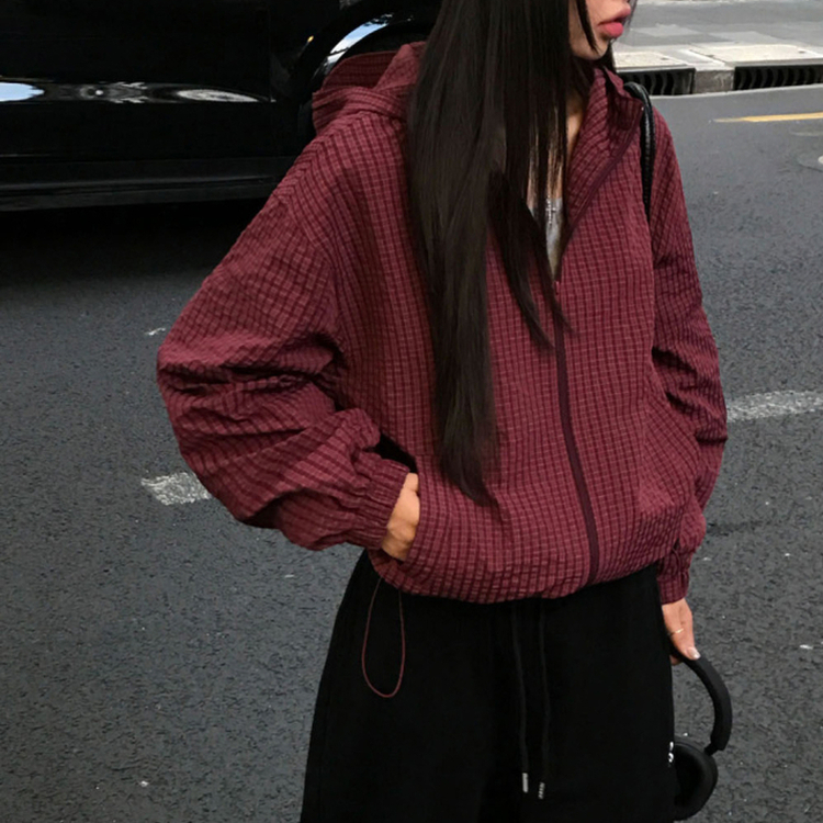 フードチェックウィンドブレーカー  BURGUNDY