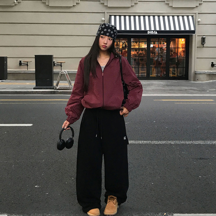 フードチェックウィンドブレーカー  BURGUNDY