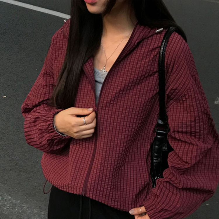 フードチェックウィンドブレーカー  BURGUNDY