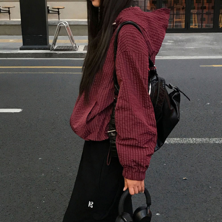 フードチェックウィンドブレーカー  BURGUNDY