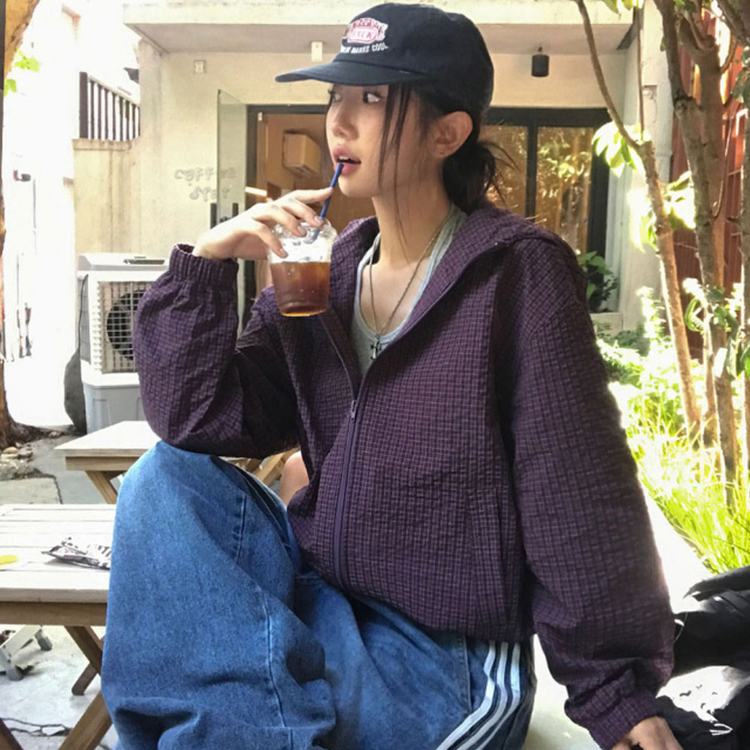 フードチェックウィンドブレーカー  PURPLE