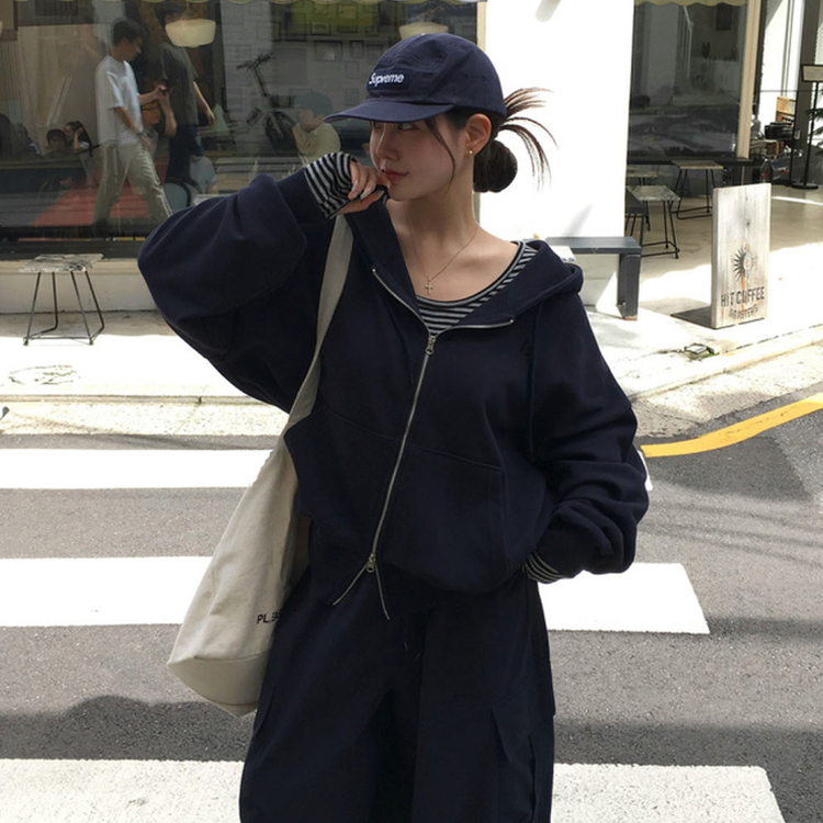 オーバーフィットフードジップアップ｜ジャンパー｜韓国ファッション