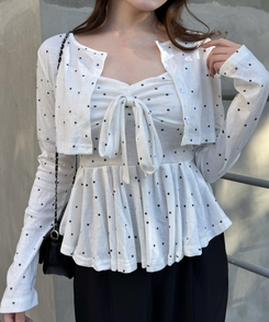 【SET】ドットショートカーディガン＋リボンキャミソール WHITE