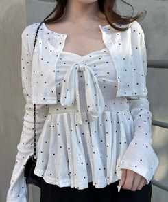 【SET】ドットショートカーディガン＋リボンキャミソール WHITE