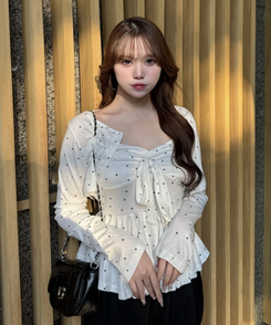 【SET】ドットショートカーディガン＋リボンキャミソール WHITE