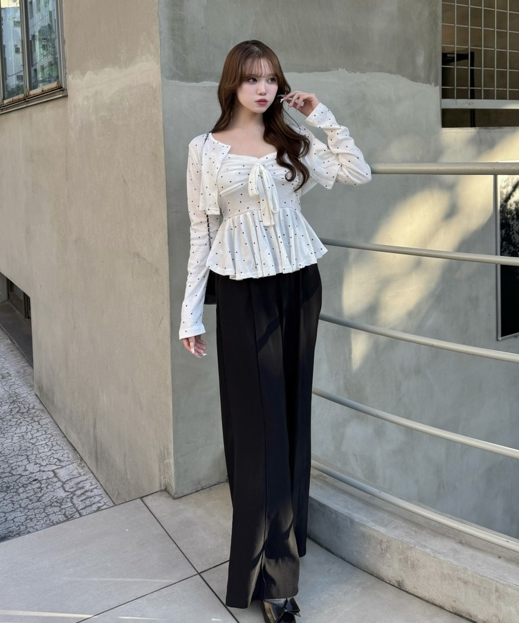 【SET】ドットショートカーディガン＋リボンキャミソール WHITE