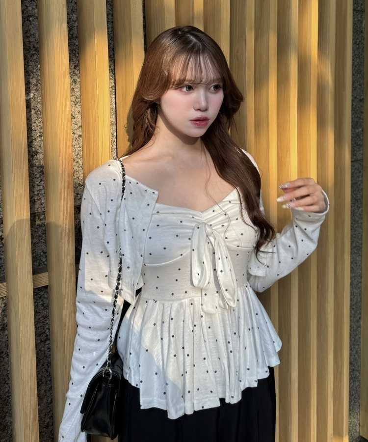 【SET】ドットショートカーディガン＋リボンキャミソール WHITE