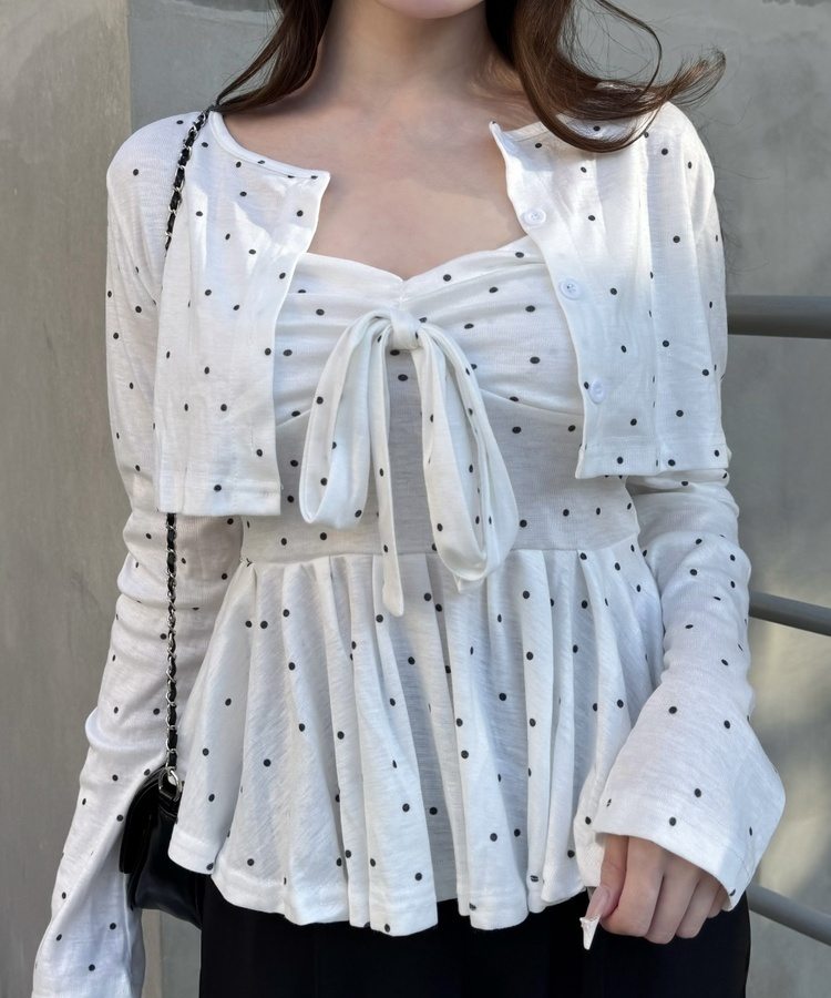 【SET】ドットショートカーディガン＋リボンキャミソール WHITE