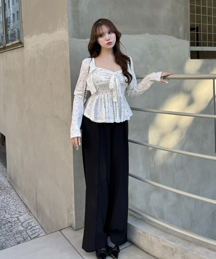 【SET】ドットショートカーディガン＋リボンキャミソール WHITE