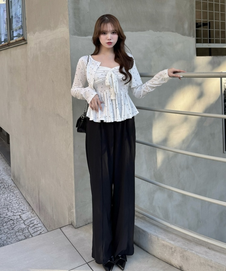 【SET】ドットショートカーディガン＋リボンキャミソール WHITE