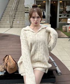 【SET】ケーブルカラーネックニット＋ショートパンツ IVORY
