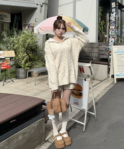 【SET】ケーブルカラーネックニット＋ショートパンツ IVORY