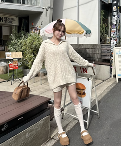 【SET】ケーブルカラーネックニット＋ショートパンツ IVORY