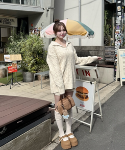 【SET】ケーブルカラーネックニット＋ショートパンツ IVORY