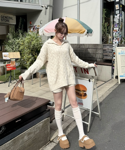 【SET】ケーブルカラーネックニット＋ショートパンツ IVORY