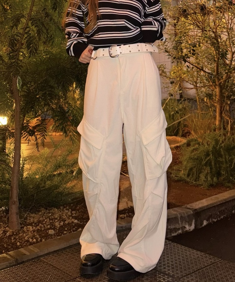 테리 골덴 카고 핀턱 와이드팬츠 크림