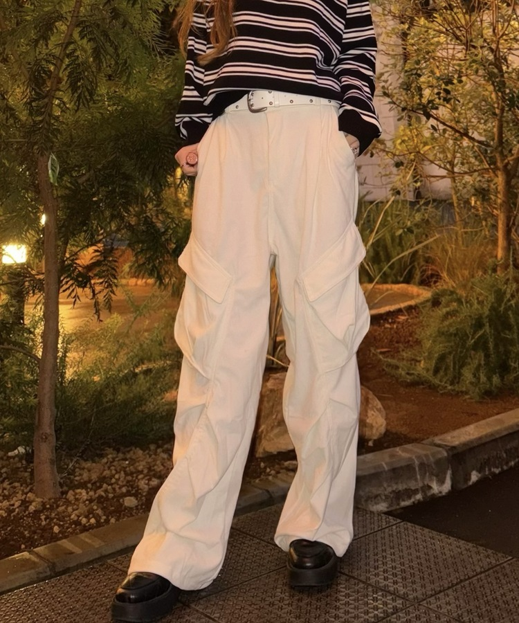 테리 골덴 카고 핀턱 와이드팬츠 크림