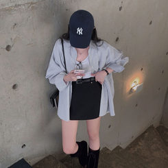 옥스포드 소재로 탄탄한스트라이프 왕오버핏 팬던트 셔츠 남방 그레이