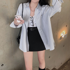 옥스포드 소재로 탄탄한스트라이프 왕오버핏 팬던트 셔츠 남방 그레이