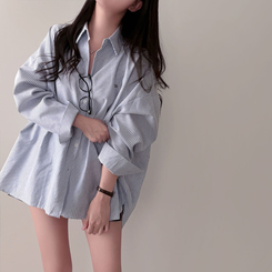 옥스포드 소재로 탄탄한스트라이프 왕오버핏 팬던트 셔츠 남방 네이비