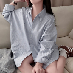 옥스포드 소재로 탄탄한스트라이프 왕오버핏 팬던트 셔츠 남방 네이비