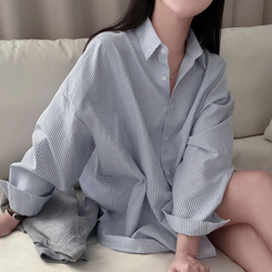 옥스포드 소재로 탄탄한스트라이프 왕오버핏 팬던트 셔츠 남방 네이비