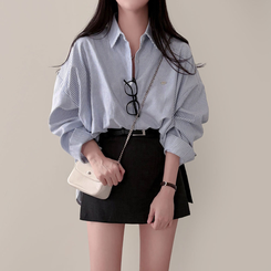 옥스포드 소재로 탄탄한스트라이프 왕오버핏 팬던트 셔츠 남방 네이비