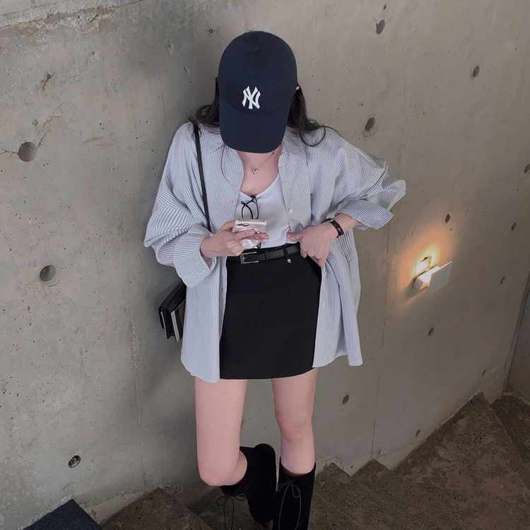 옥스포드 소재로 탄탄한스트라이프 왕오버핏 팬던트 셔츠 남방 그레이