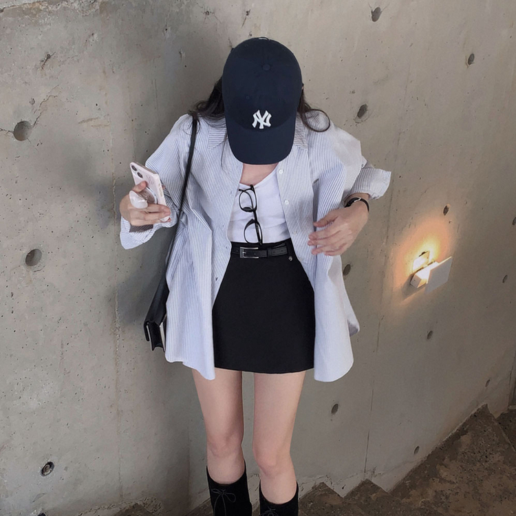 옥스포드 소재로 탄탄한스트라이프 왕오버핏 팬던트 셔츠 남방 그레이