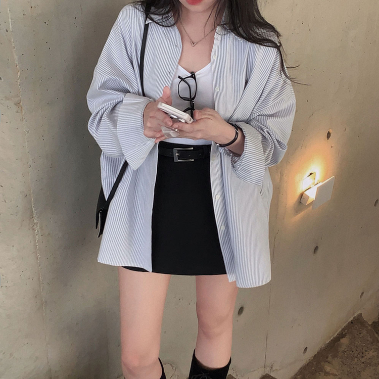 옥스포드 소재로 탄탄한스트라이프 왕오버핏 팬던트 셔츠 남방 그레이