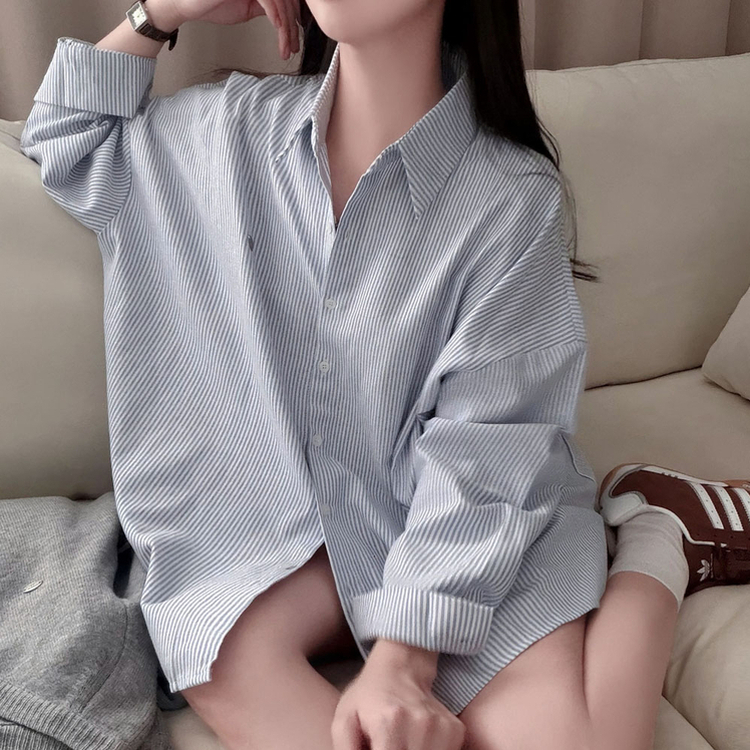 옥스포드 소재로 탄탄한스트라이프 왕오버핏 팬던트 셔츠 남방 네이비