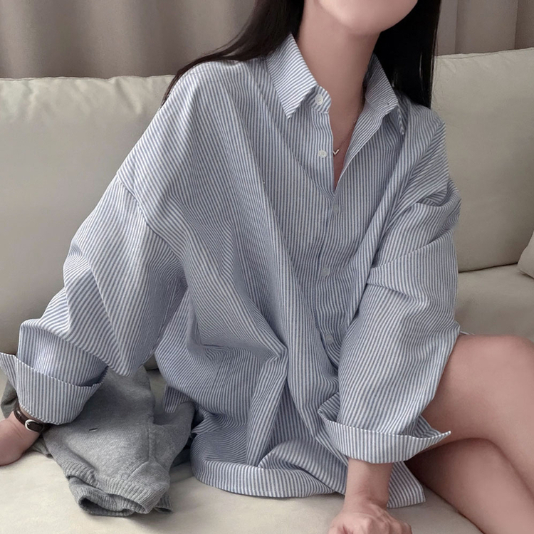 옥스포드 소재로 탄탄한스트라이프 왕오버핏 팬던트 셔츠 남방 네이비