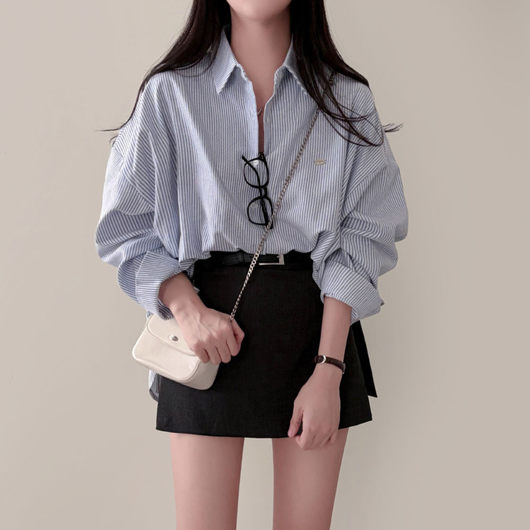 옥스포드 소재로 탄탄한스트라이프 왕오버핏 팬던트 셔츠 남방 네이비