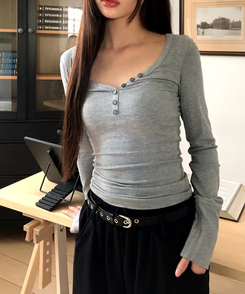 リブVネックスリムフィット長袖Tシャツ GREY