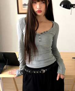 リブVネックスリムフィット長袖Tシャツ GREY