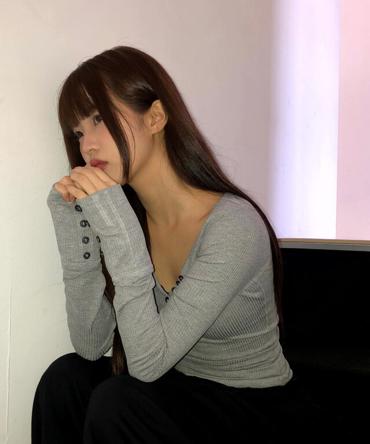 リブVネックスリムフィット長袖Tシャツ GREY