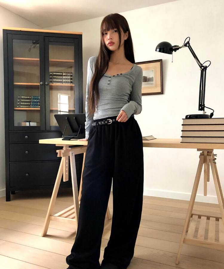 リブVネックスリムフィット長袖Tシャツ GREY