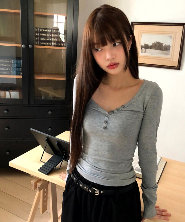 リブVネックスリムフィット長袖Tシャツ GREY