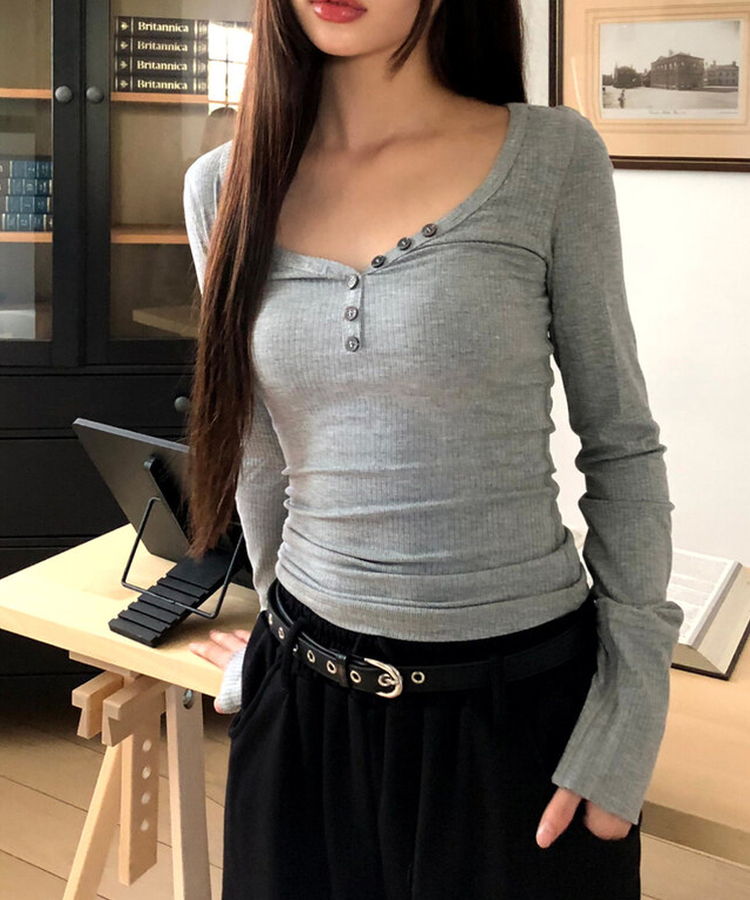 リブVネックスリムフィット長袖Tシャツ GREY