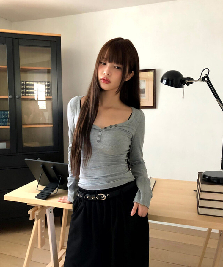 リブVネックスリムフィット長袖Tシャツ GREY