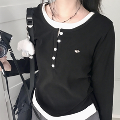 말라보이는 사이드 셔링 팬던트 레이어드 버튼 긴팔티셔츠 블랙