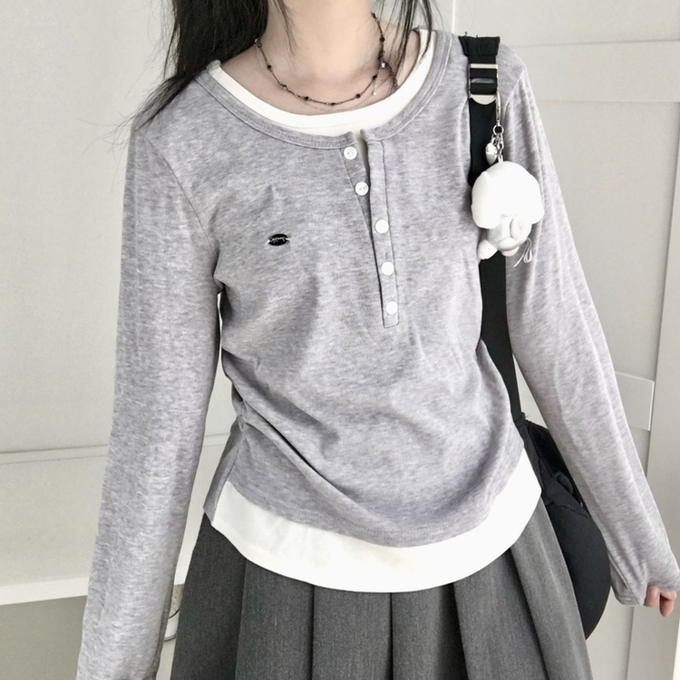 말라보이는 사이드 셔링 팬던트 레이어드 버튼 긴팔티셔츠 그레이