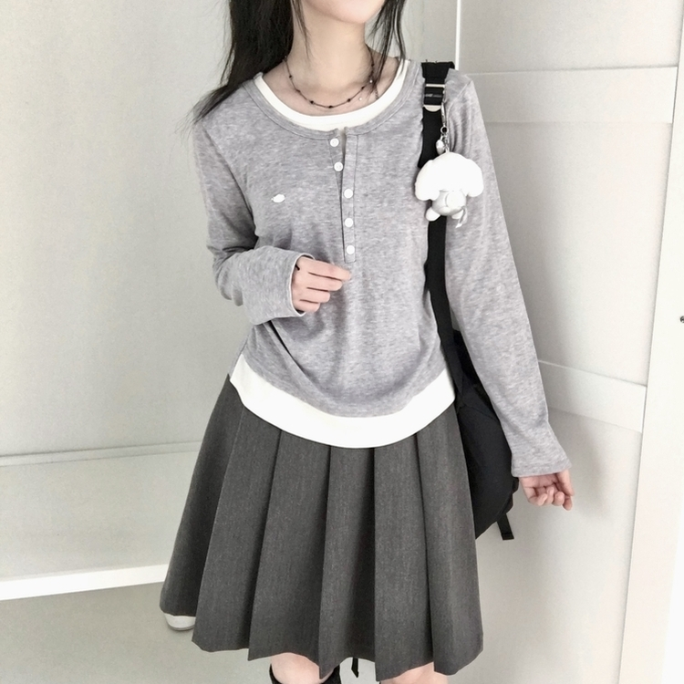 말라보이는 사이드 셔링 팬던트 레이어드 버튼 긴팔티셔츠 그레이