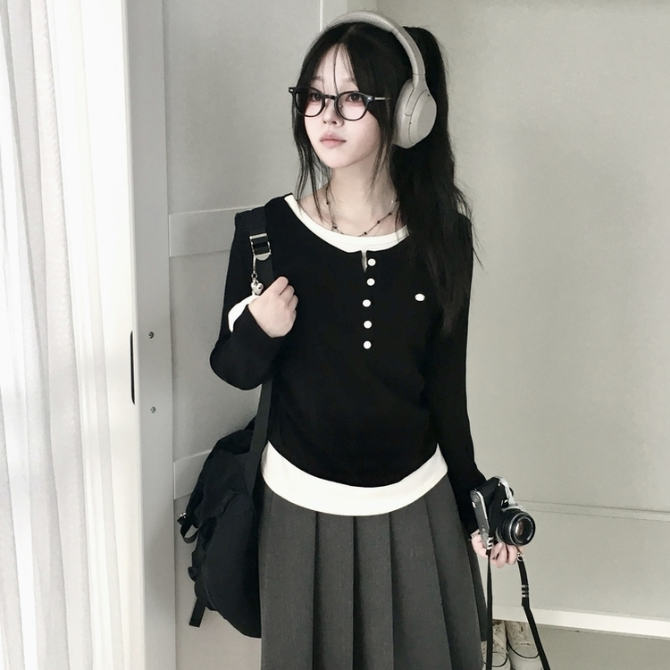 말라보이는 사이드 셔링 팬던트 레이어드 버튼 긴팔티셔츠 블랙