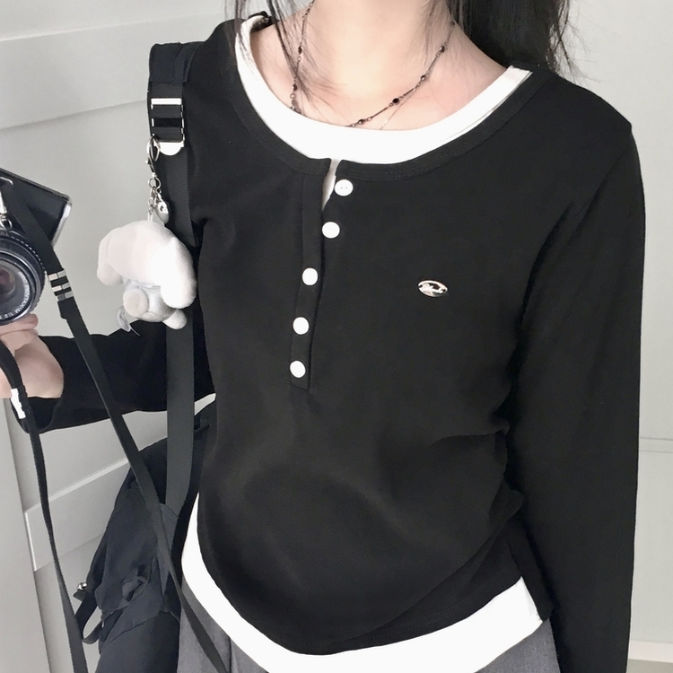 말라보이는 사이드 셔링 팬던트 레이어드 버튼 긴팔티셔츠 블랙