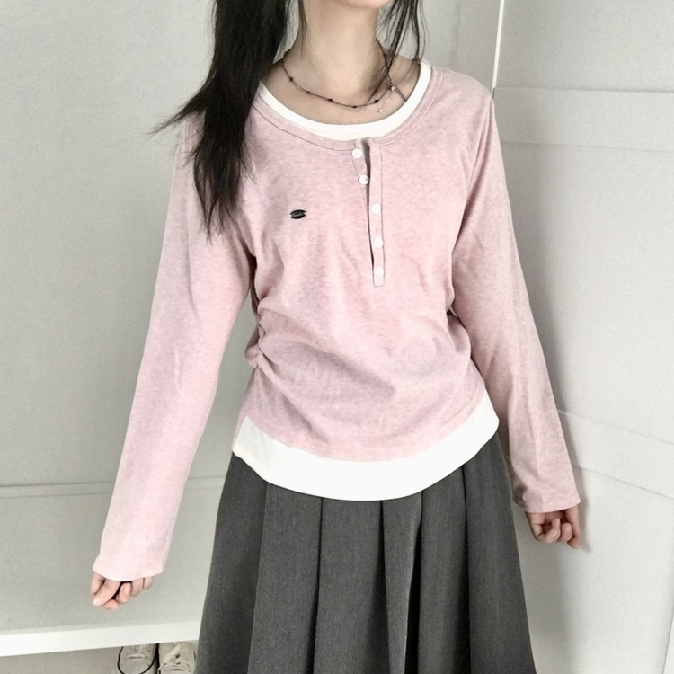 말라보이는 사이드 셔링 팬던트 레이어드 버튼 긴팔티셔츠 핑크