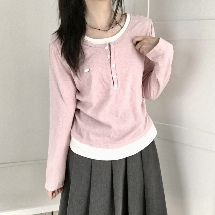 말라보이는 사이드 셔링 팬던트 레이어드 버튼 긴팔티셔츠 핑크