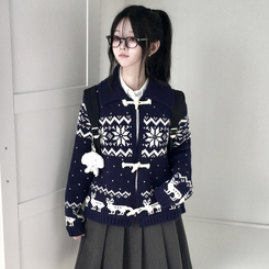 도톰 코위찬 떡볶이 버튼 노르딕 눈꽃 루돌프 카라 니트 가디건 곤색