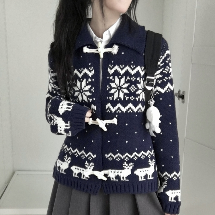 도톰 코위찬 떡볶이 버튼 노르딕 눈꽃 루돌프 카라 니트 가디건 곤색